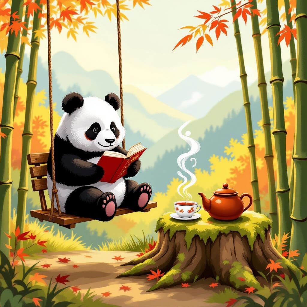 Panda Reading on Swing in Autumn Bamboo Jungle