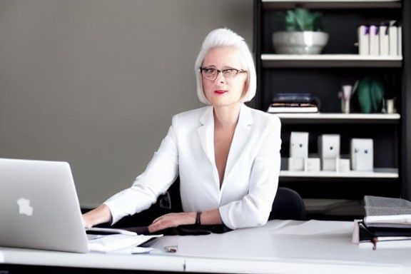 Powerful White-Haired Business Woman at Her Desk