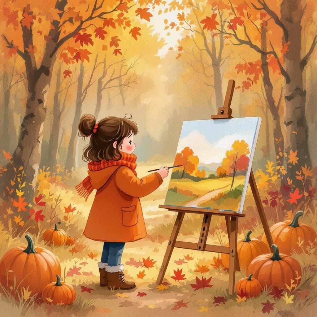 Girl Painting Autumn Landscape in Impressionist Style