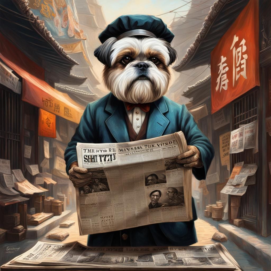Hyperrealistic Shi Tzu Man Newspaper Seller in Splash Art
