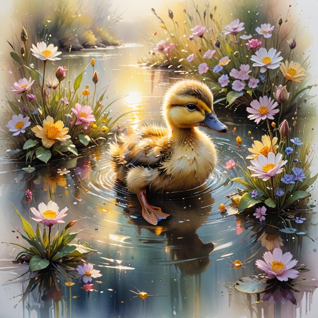 Duckling Swims in Floral River: Watercolour Painting