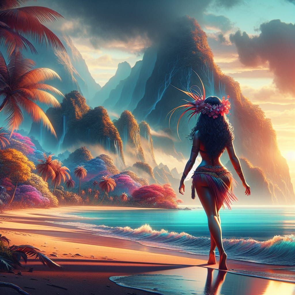 Samoan Woman on Sun-Drenched Beach: Matte Painting