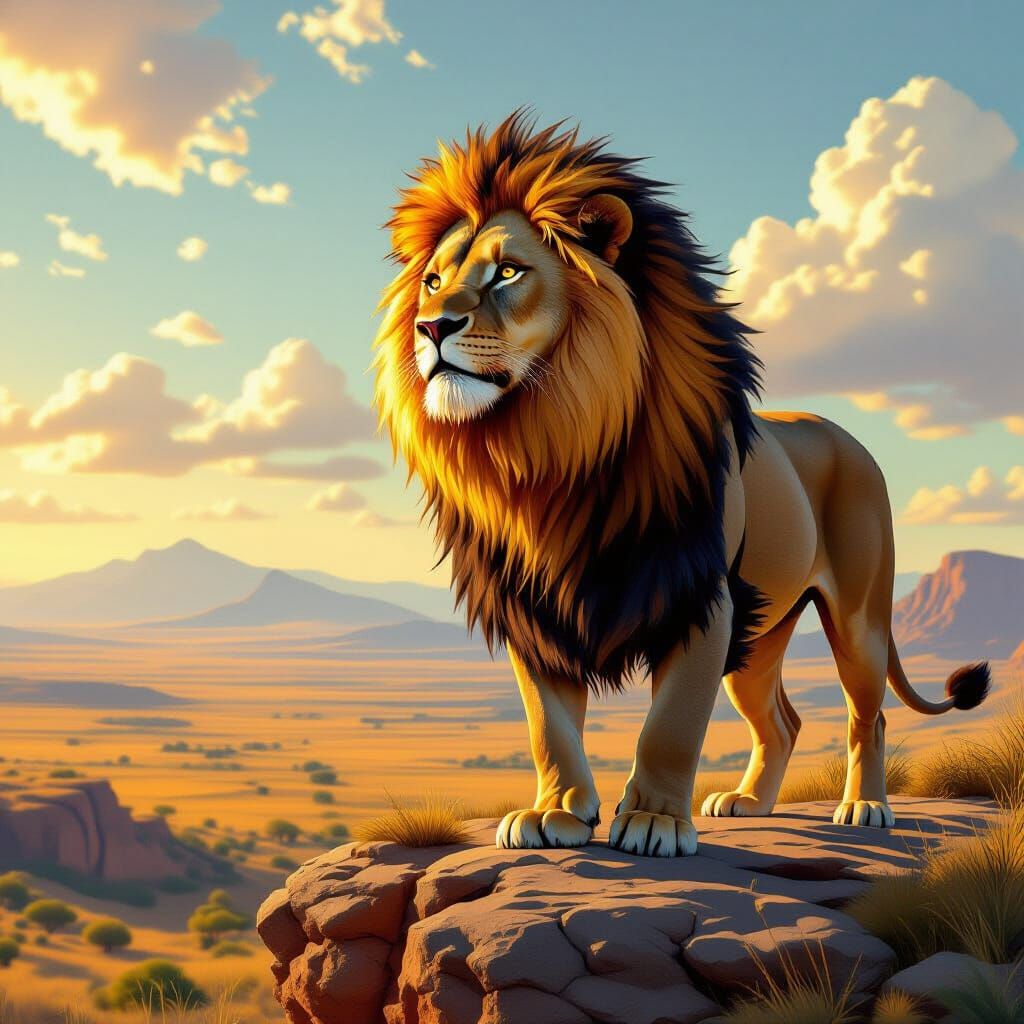 Fiery Lion Overlooking Savanna in Hyperrealistic Style