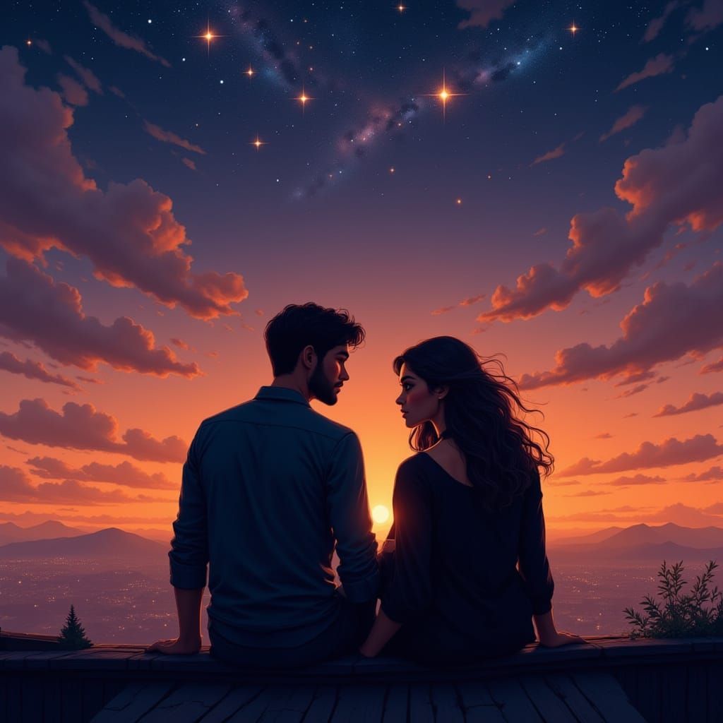 Couple on Glowing Rooftop at Twilight with Starry Eyes