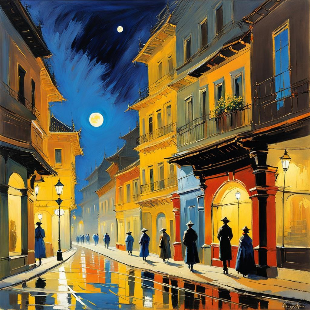 painting of a street at night, a fine art painting Zao Wou-Ki, deviantart, impressionism, romantici...