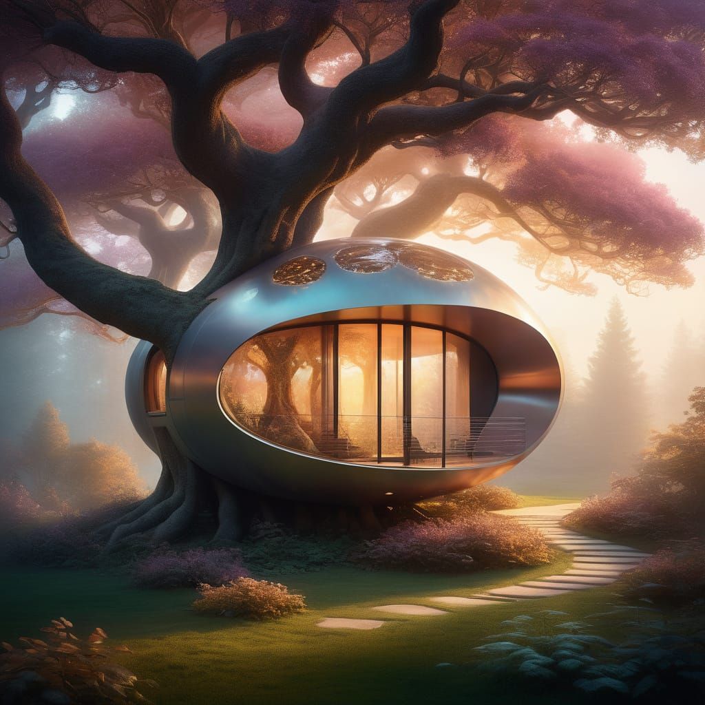 Ethereal Fantasy Pod Home in a Glowing Tree