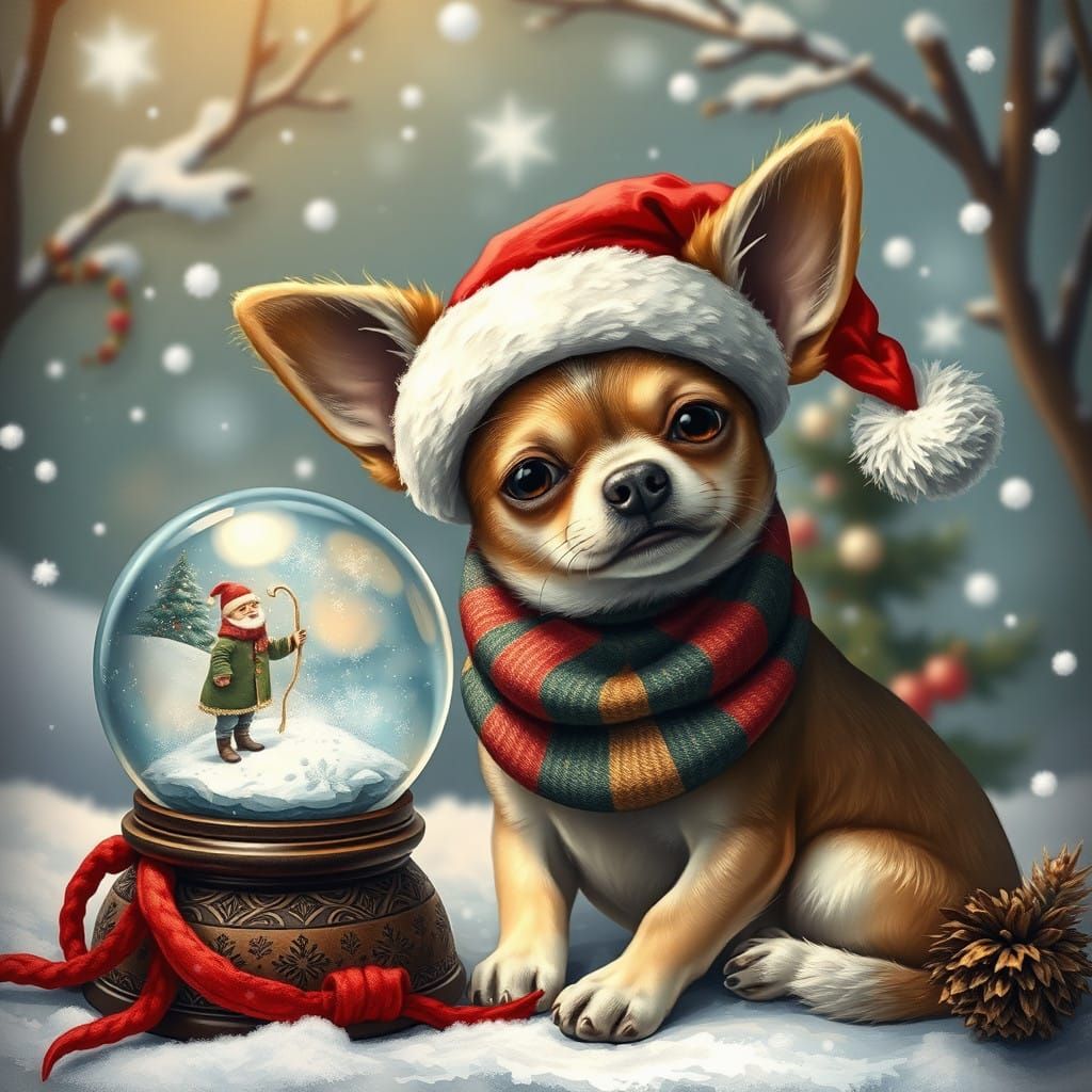 Magical Winter Wonderland Scene with Chihuahua in Santa Hat