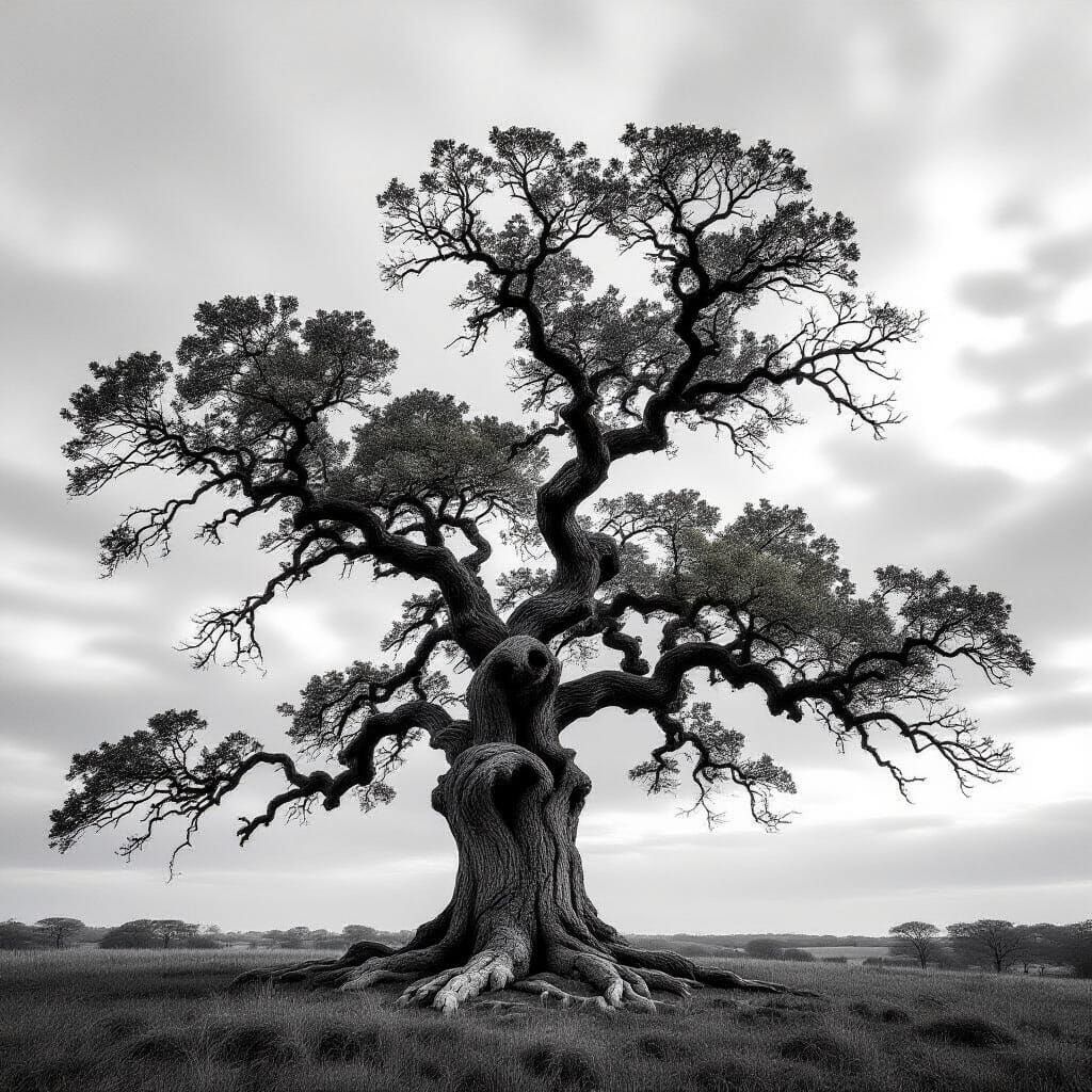 Hyperrealistic Ancient Oak Tree in Dramatic Black and White