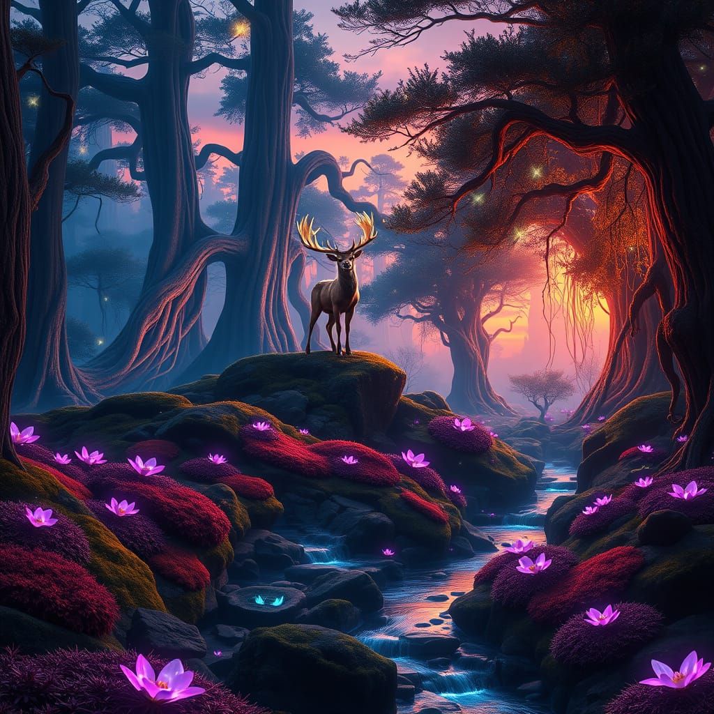 Fantastical Forest Twilight Scene in Unreal Engine 5 Style