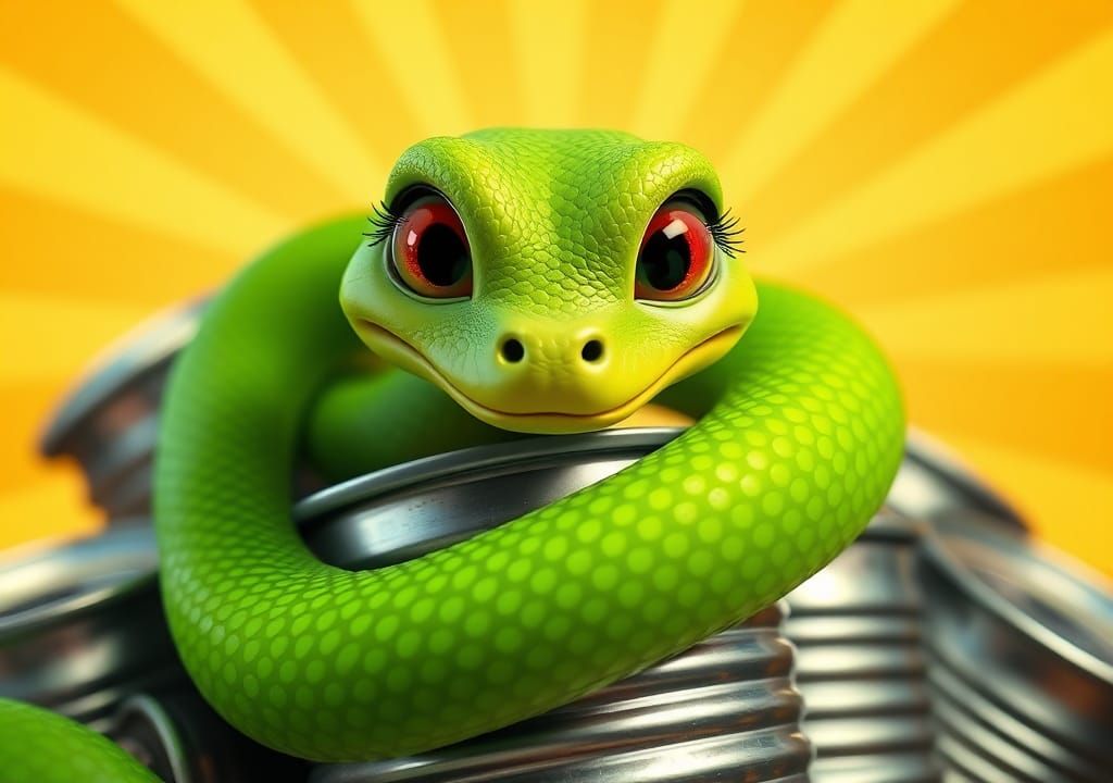 An expressive cartoon in the Pixar style, an unrealistically charming, sweet and very kind green snake, kind and beautif...