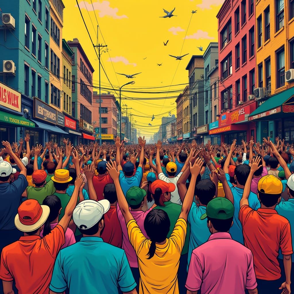 Diverse Crowd Raising Arms in Joyful Celebration