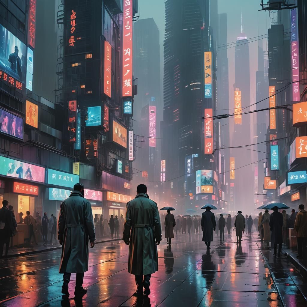 Cybernetic Cityscape at Dusk in Cyberpunk Style