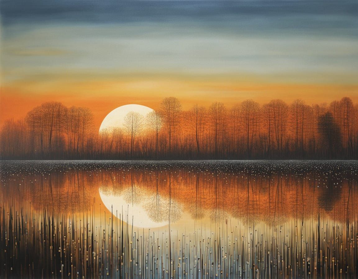 Ruined City Reflected in Sunset Glow