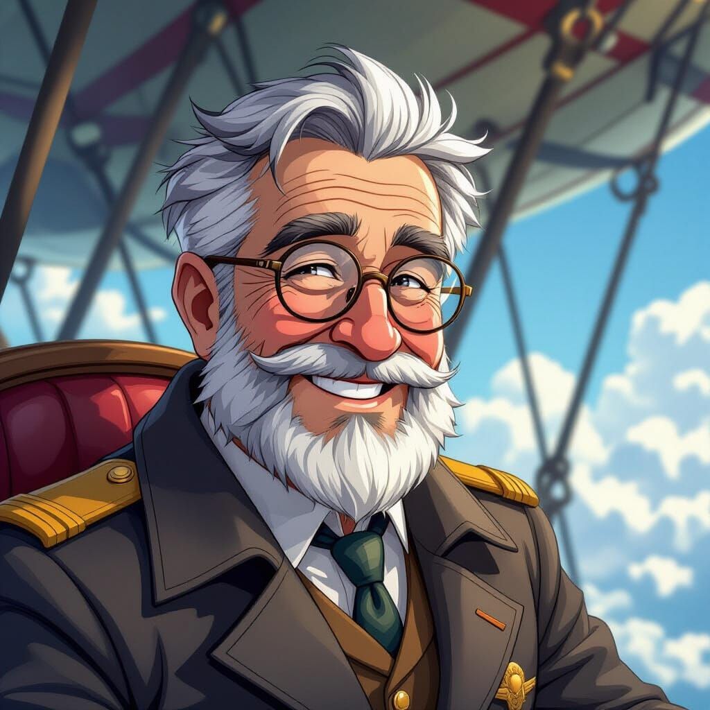 Old Sky Captain Smiles on Dirigible Platform in Anime Style