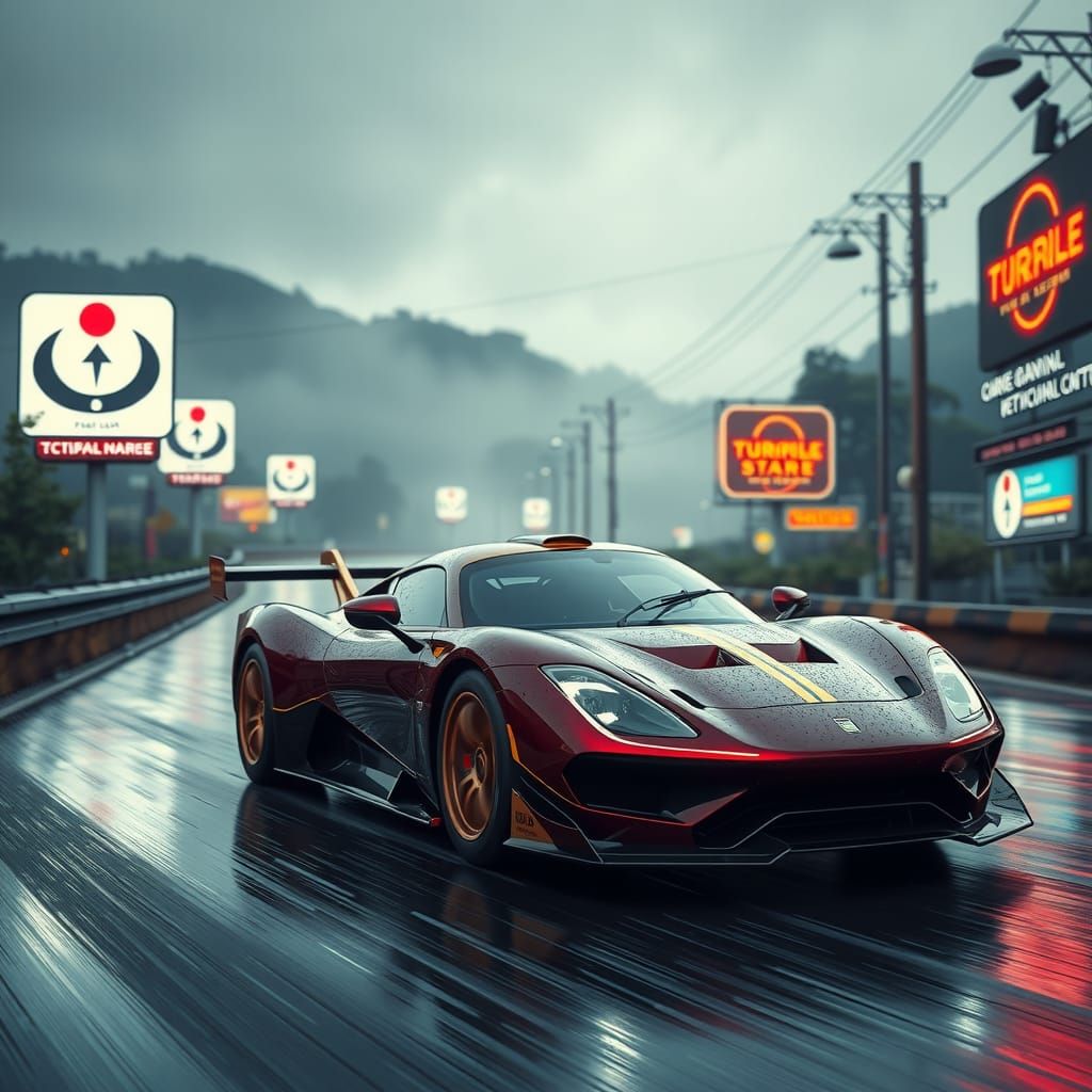 Futuristic Racing Car on Rainy Road in Hyperrealism