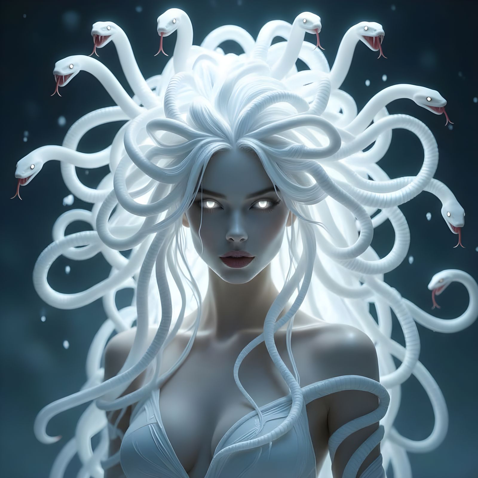 Medusa in Pure White, Swirling Cobras of Energy