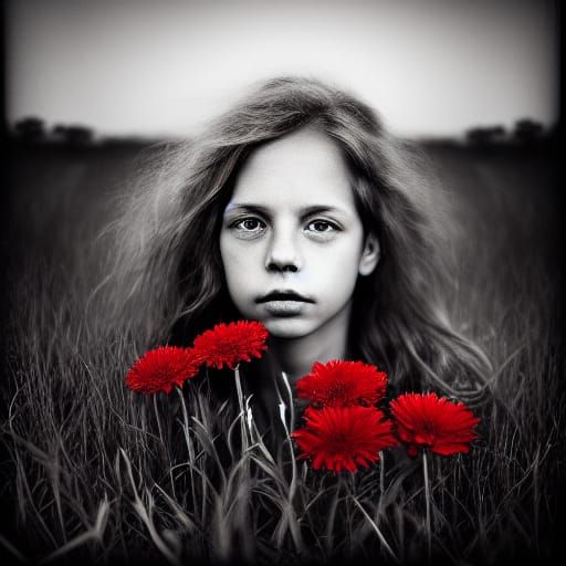 Glowing Red Flowers in Monochrome Field at Sunset