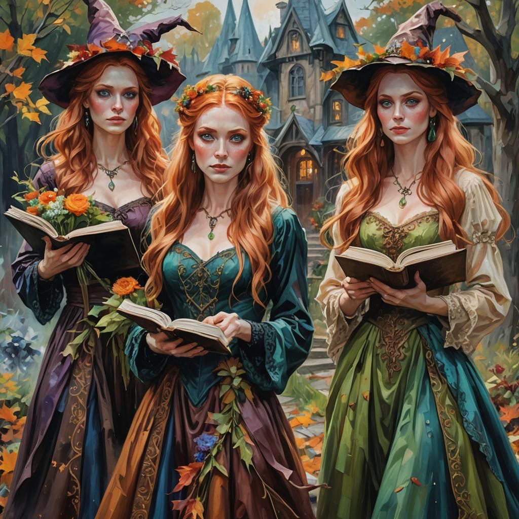 Three Witches in Tattered Wedding Dresses
