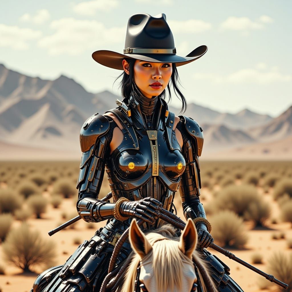 Cyberpunk Asian Cyborg Cowgirl Rides into the Desert Sunset