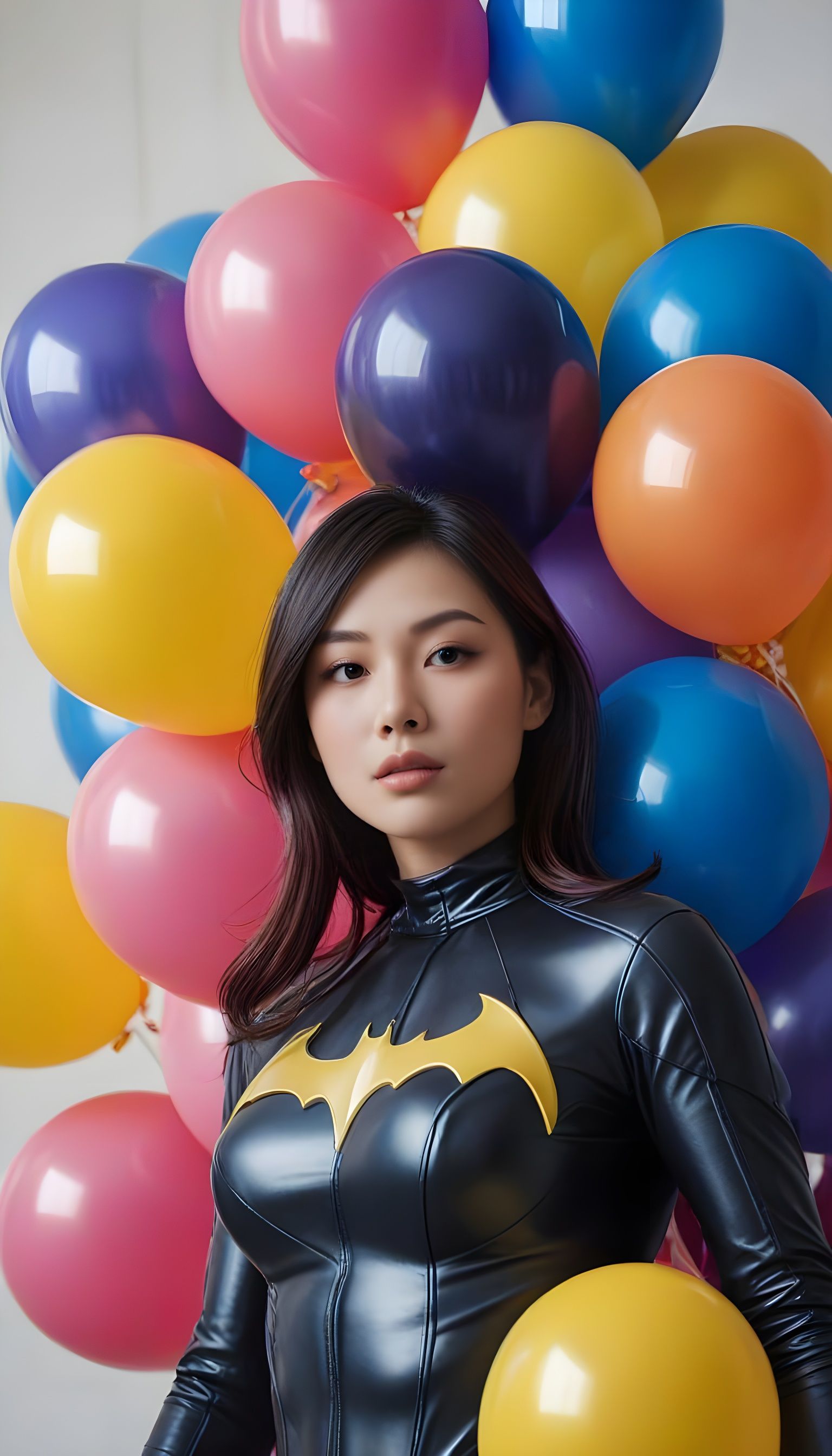 Curvaceous Heroine in Batgirl Suit with Balloons