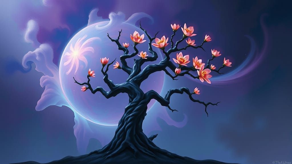 Dark Fantasy Tree Blooming in Nebula