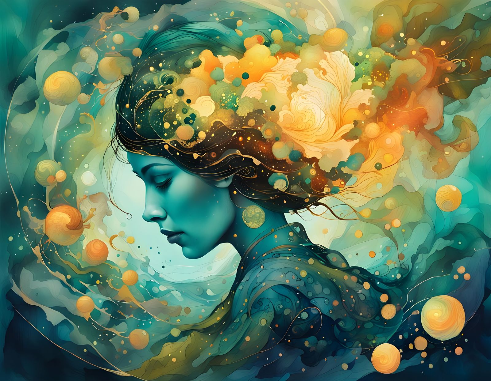 Vibrant Ink Splash Art with Intricate Motifs and Golden Acce...