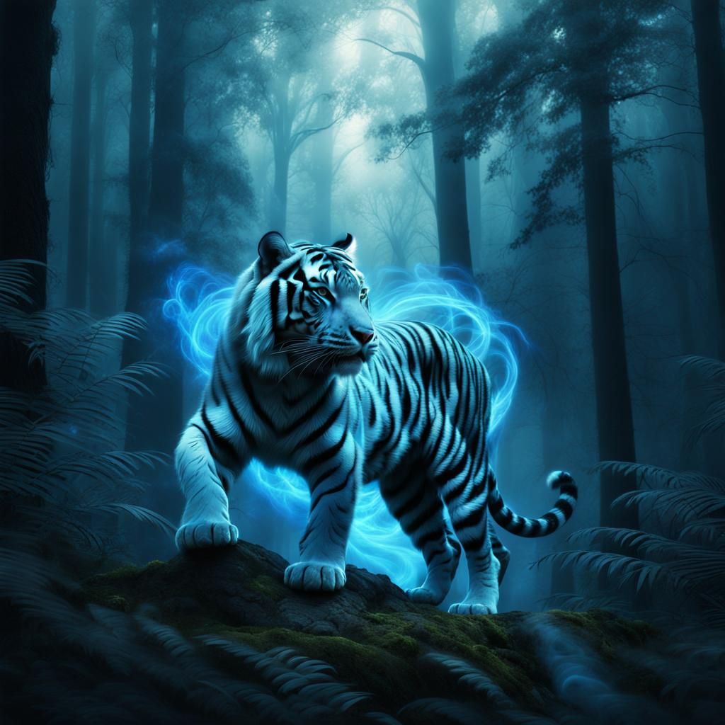 Luminescent Blue Tiger Patronus in Smoky Forest