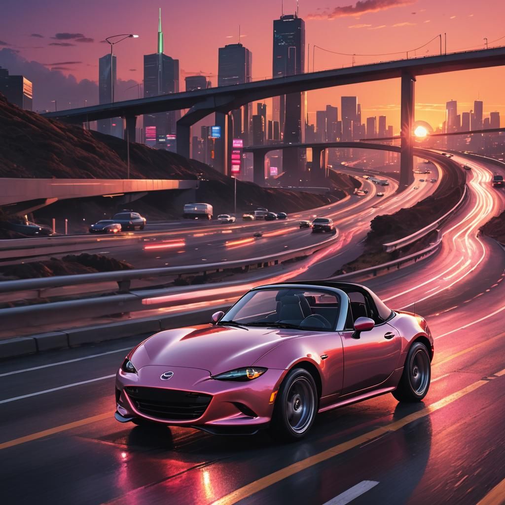 mazda miata on a futuristic highway with a sunset