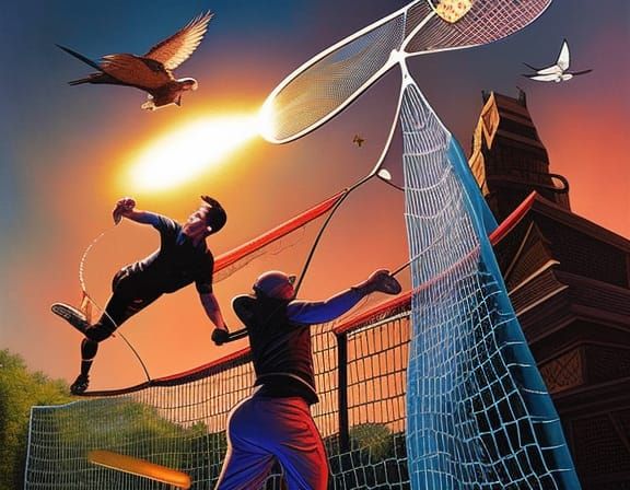 Badminton Players in Action: Comic Book Art Style
