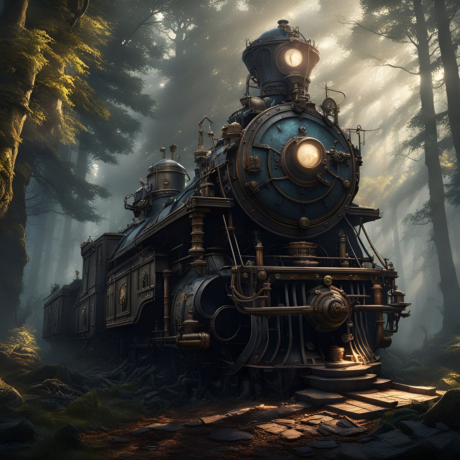 Monk Praying, Lion Lurking in Steampunk Forest