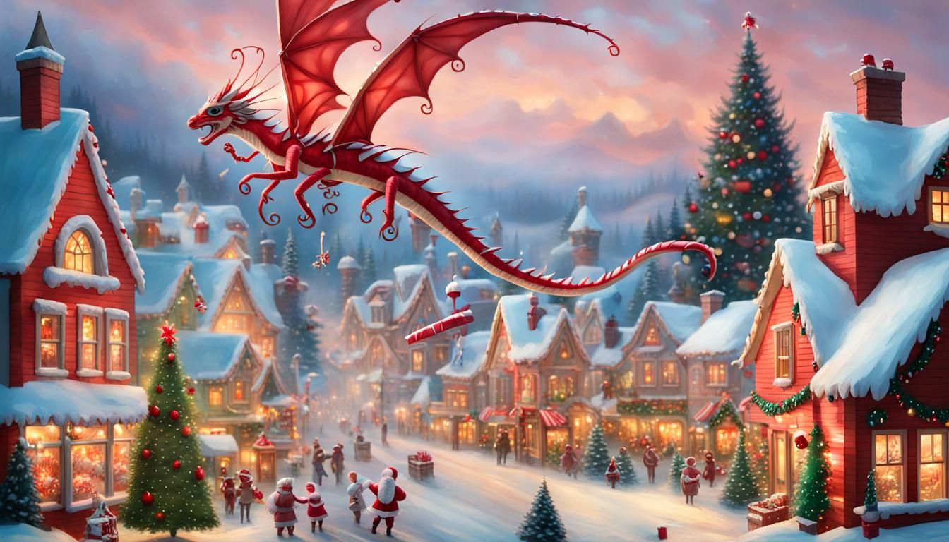 Candy Cane Dragon Over Christmas Town