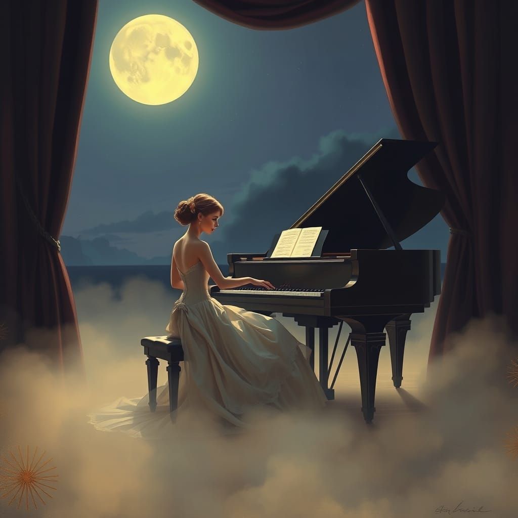 Woman at Piano in Alphonse Mucha Inspired Style