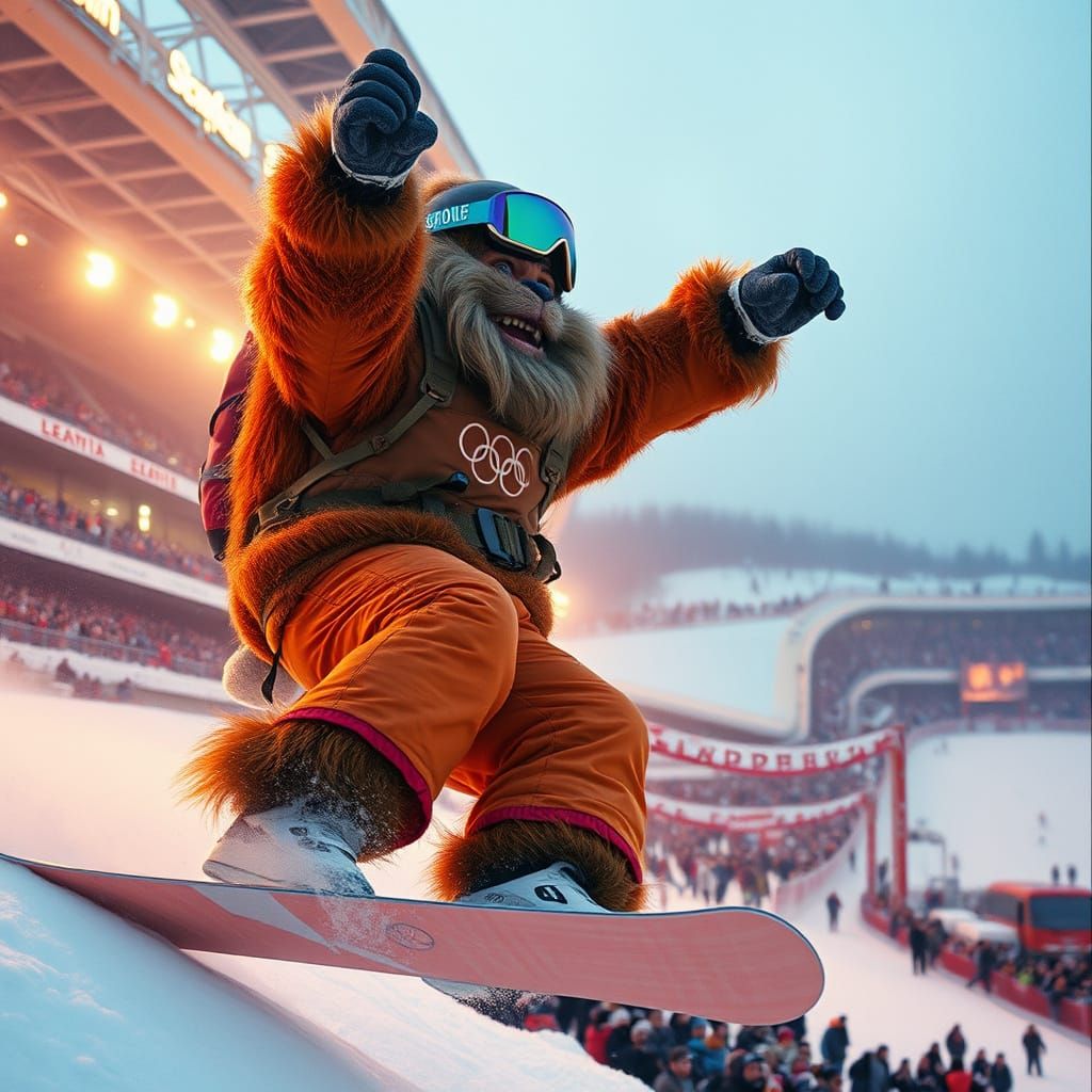 Furry Mountain Creature Snowboarding in Olympic Stadium