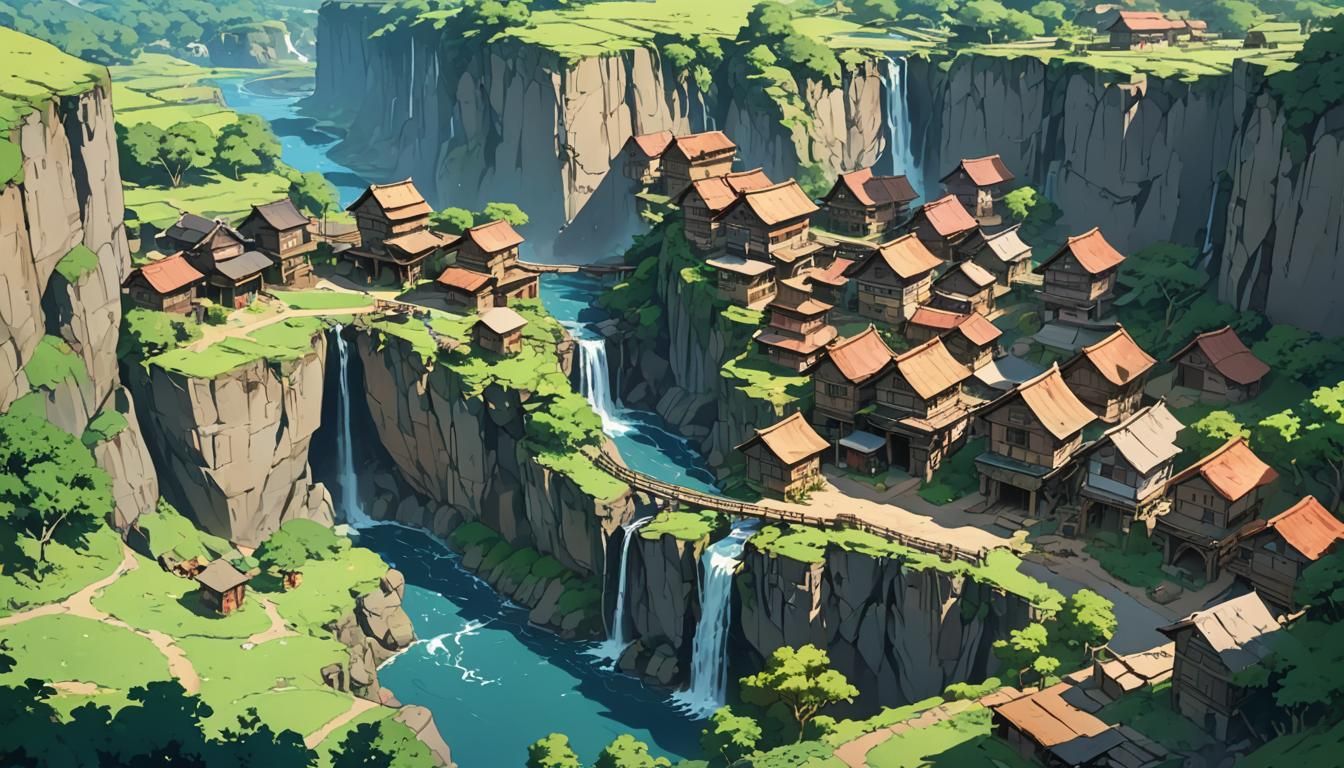 Cliffside Village by Watering Hole in Anime Style
