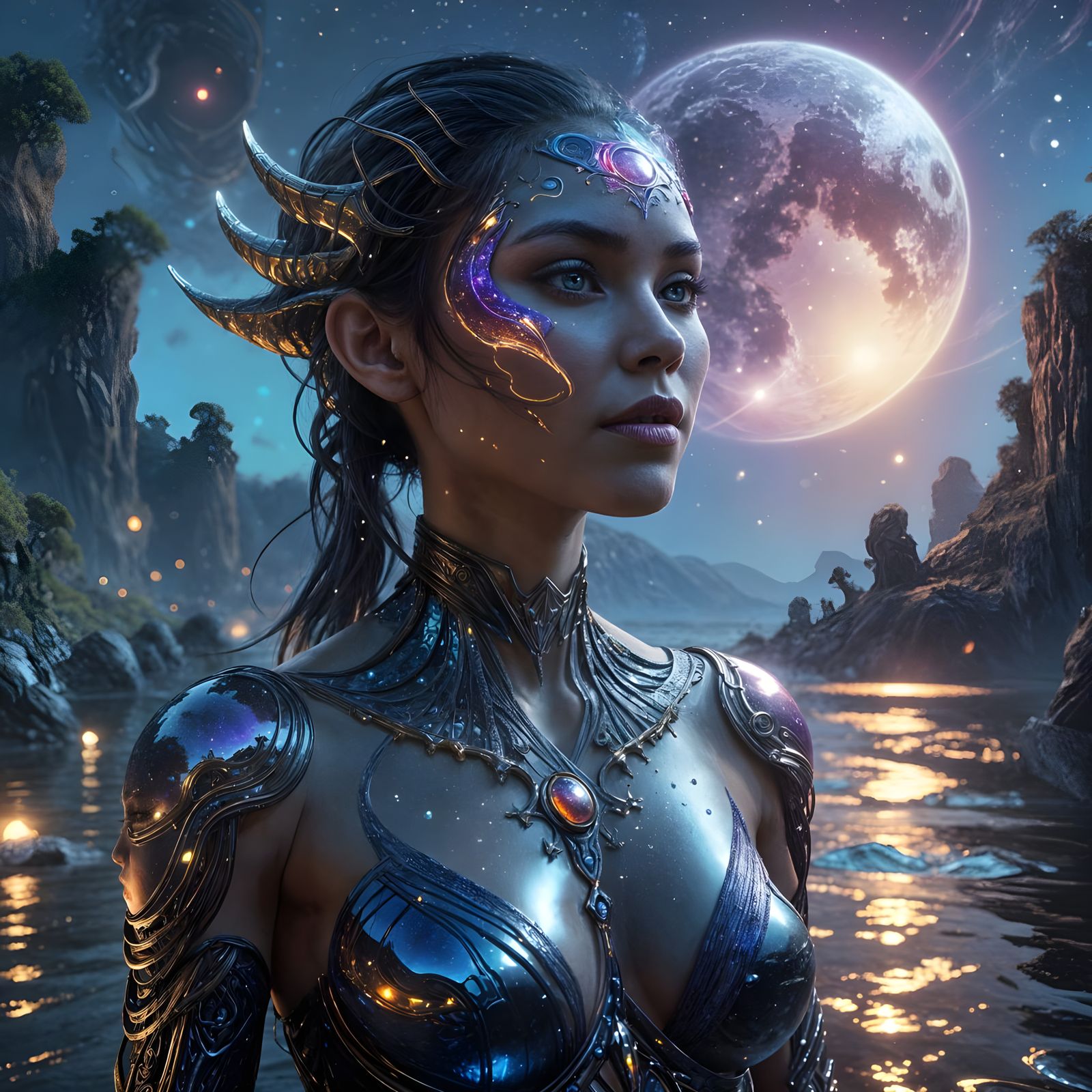 Double Exposure Portrait on Alien Planet, Detailed Matte Pai...