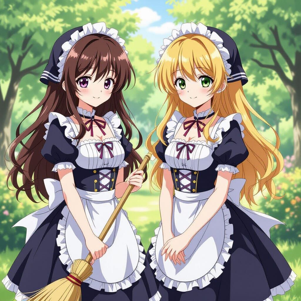 Anime Maidens with Broom in Gentle Nostalgic Style