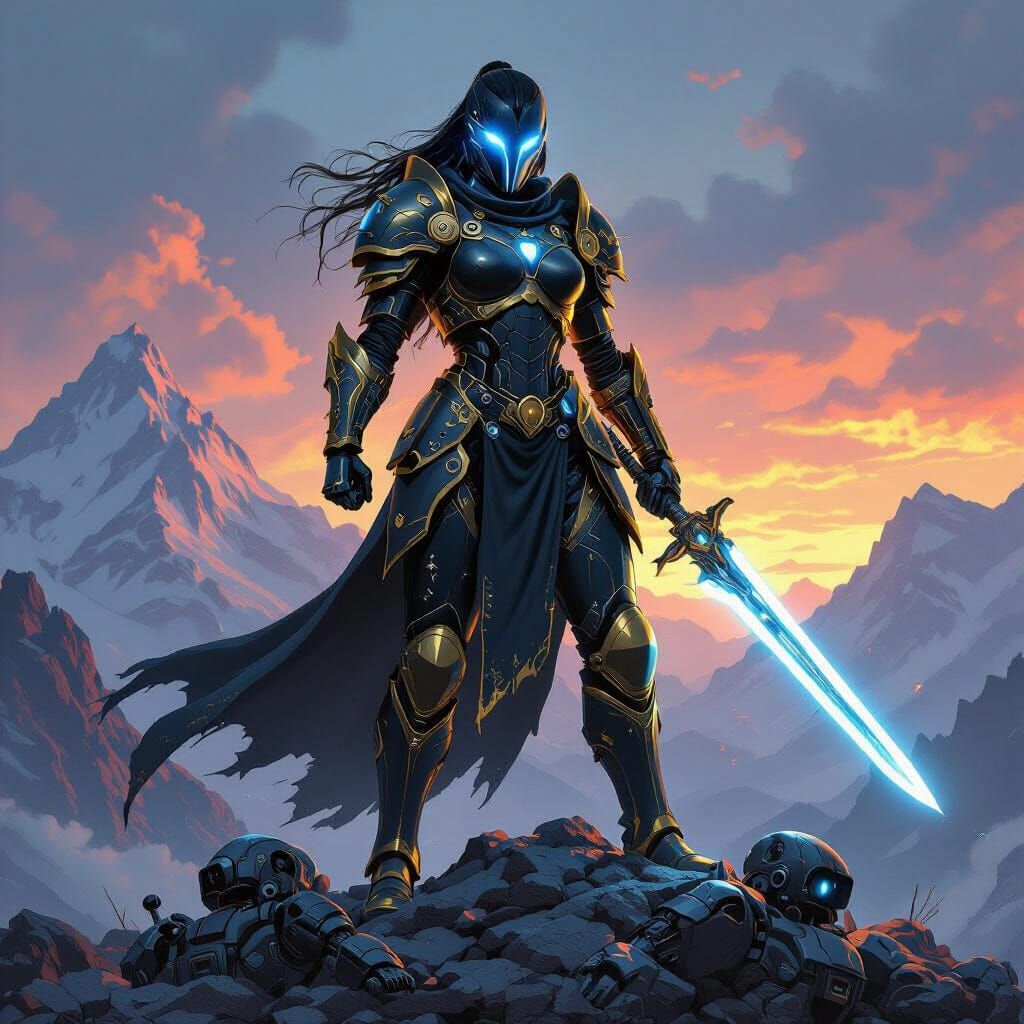 Valkyrie Warrior on Robot Mountain in Heroic Fantasy Style