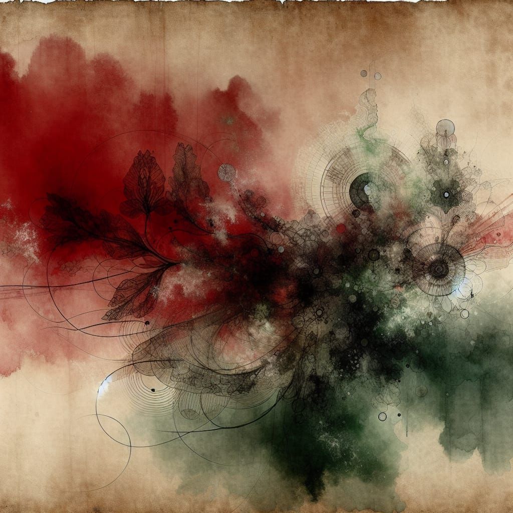 Ethereal Red and Green Abstraction in Ink Wash Style