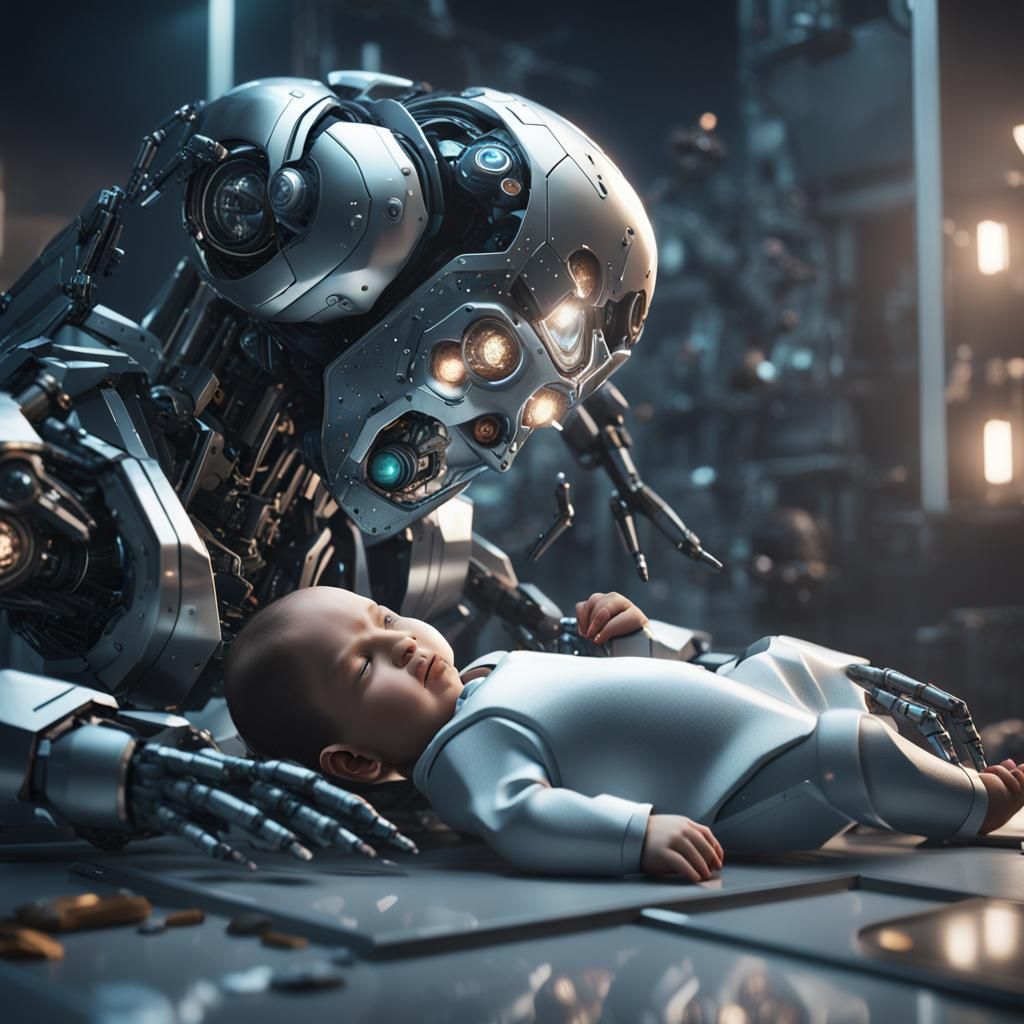 Futuristic Robot Nanny Rocks Baby to Sleep