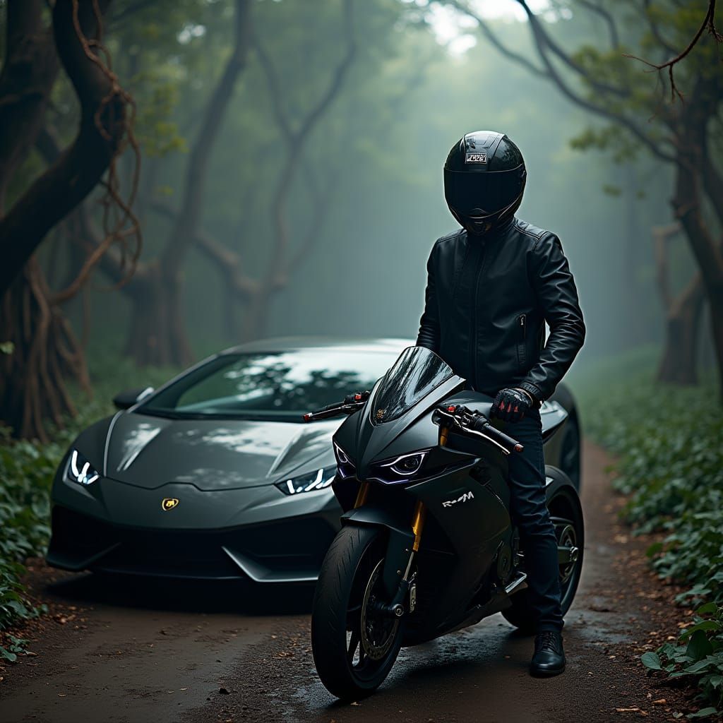 Motorcycle Rider in Dark Jungle with Lamborghini and Yamaha