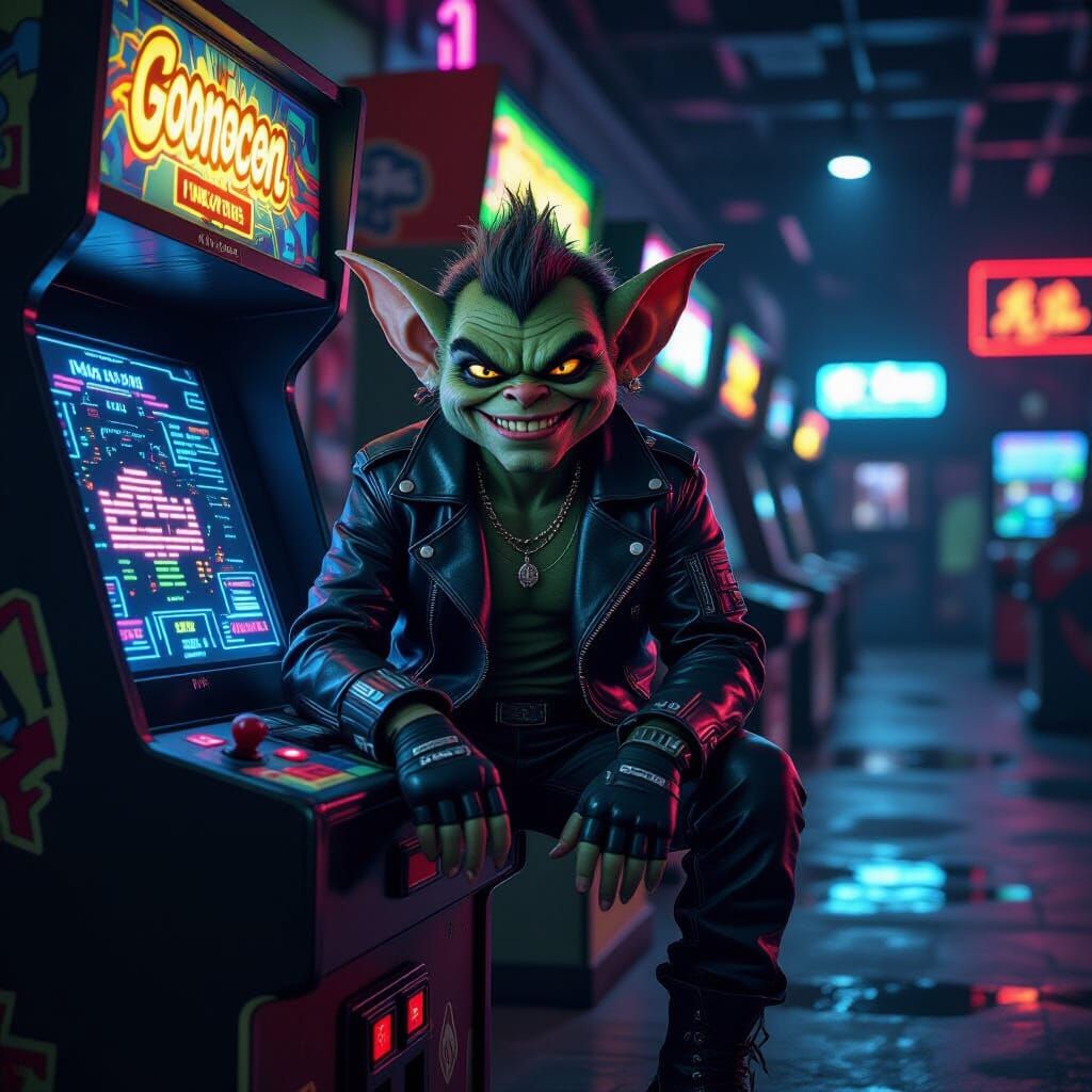 Gremlin in 80s Arcade: Photorealistic Digital Art