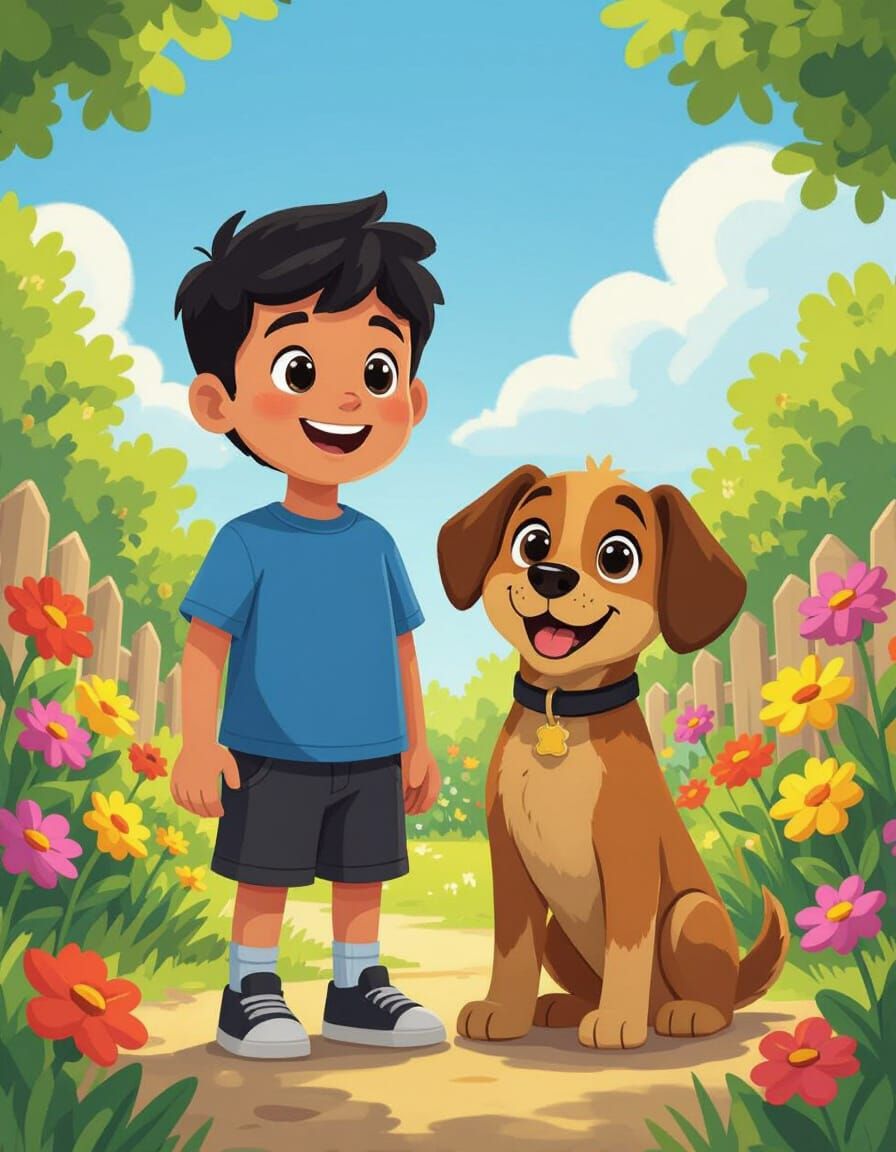 Boy and Puppy in Sunny Garden Illustration