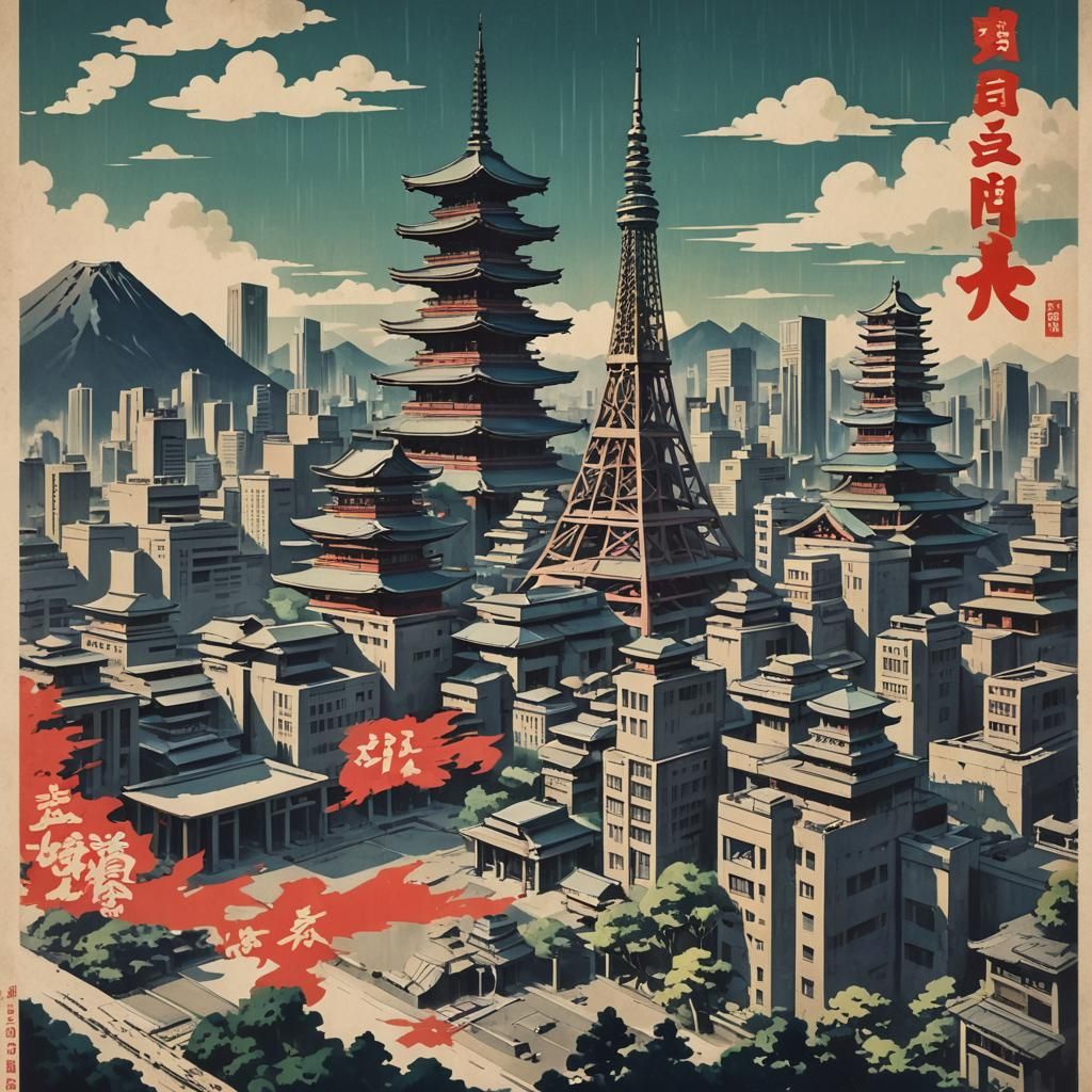 Brutalist Japanese Landmarks Propaganda Poster