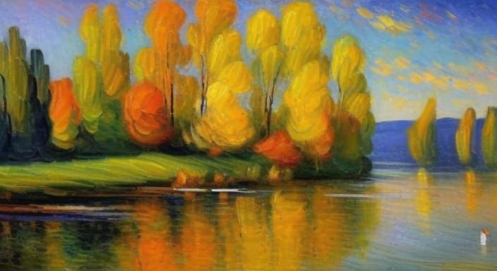 Impressionistic Lakeside Village with Kaleidoscopic Mist