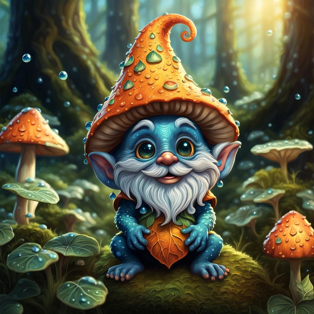 Happy Leafy Gnome on Toadstool, Fantasy Art