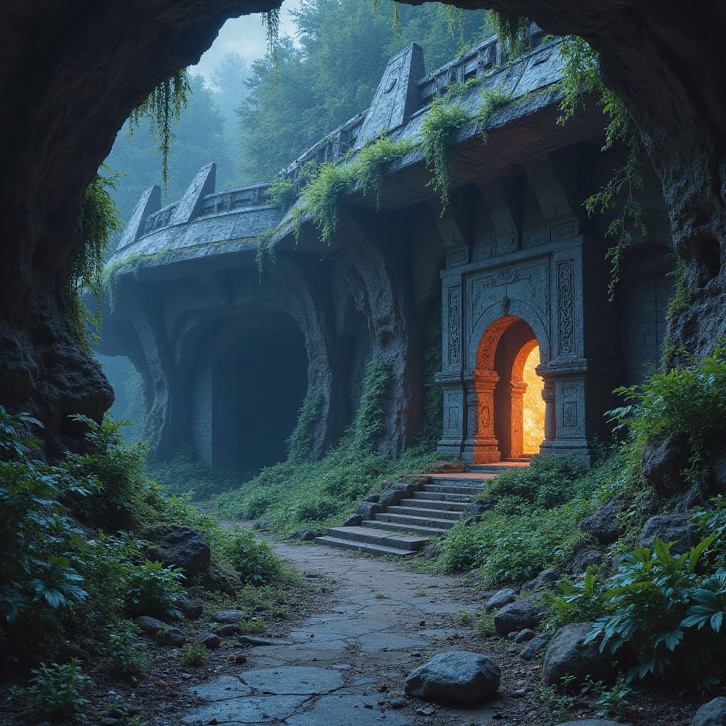 Hidden Alien Temple in Ancient Spaceship, Digital Painting