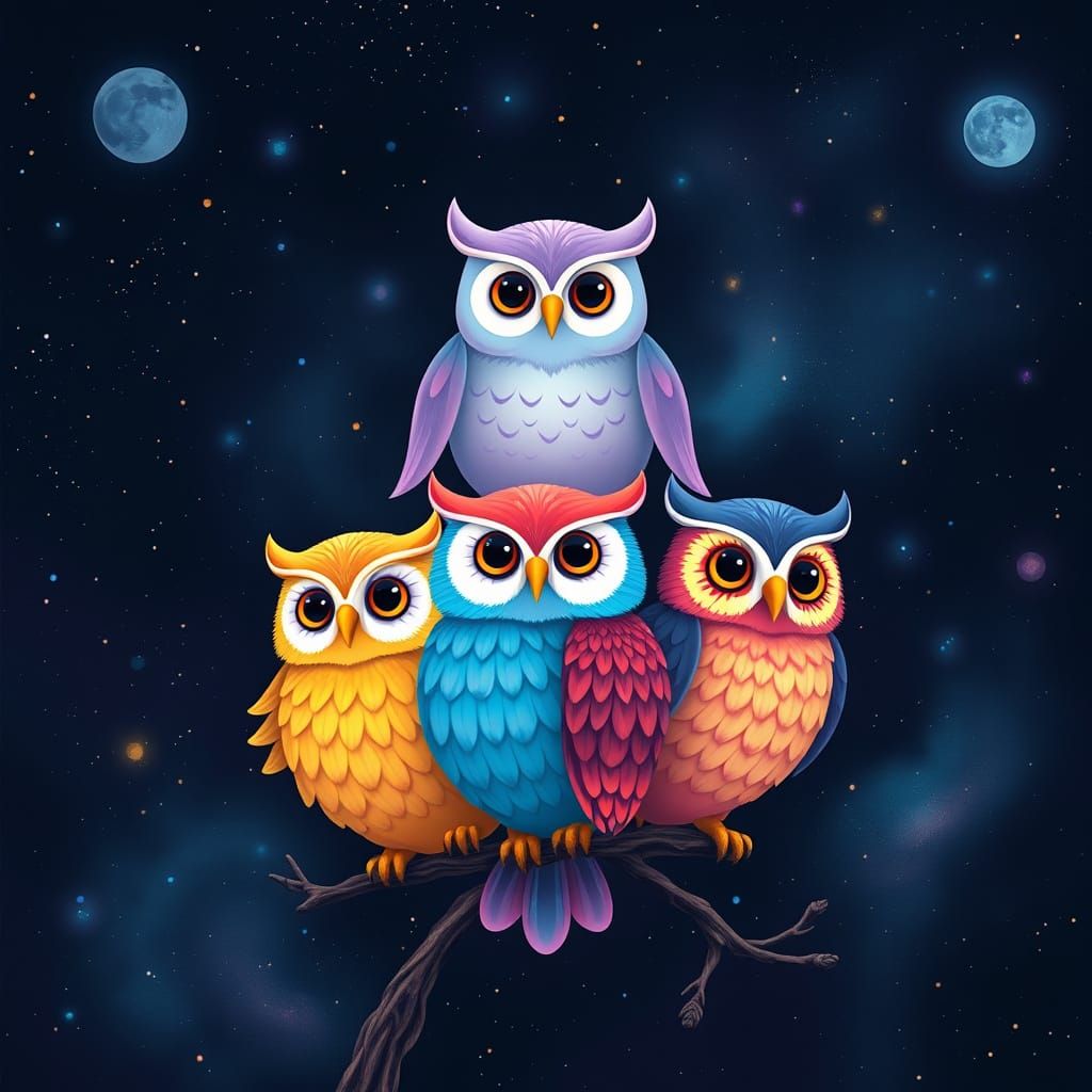 Enchanting Celestial Owls in Dreamlike Starry Sky