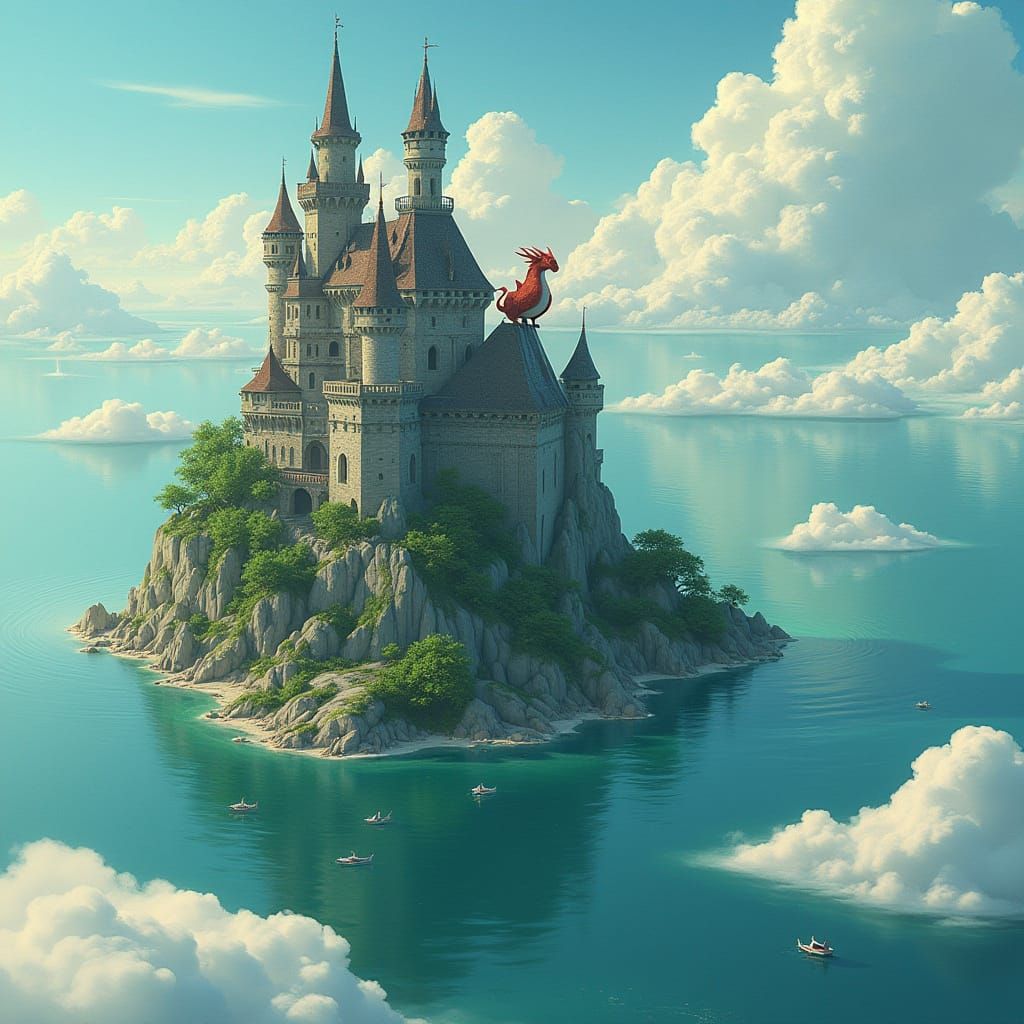 Floating Castle with Dragon in Ghibli Style