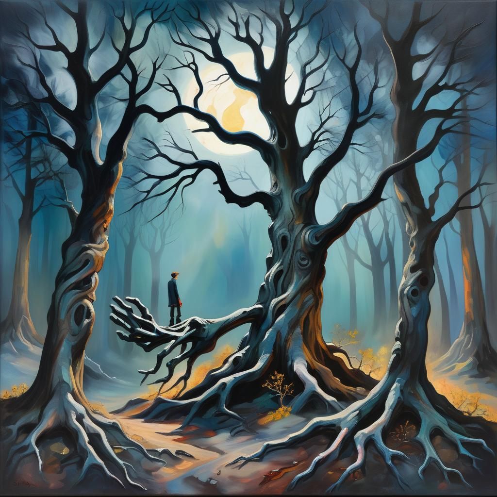 Ethereal Hands in Moonlit Forest as Expressionist Oil Painti...