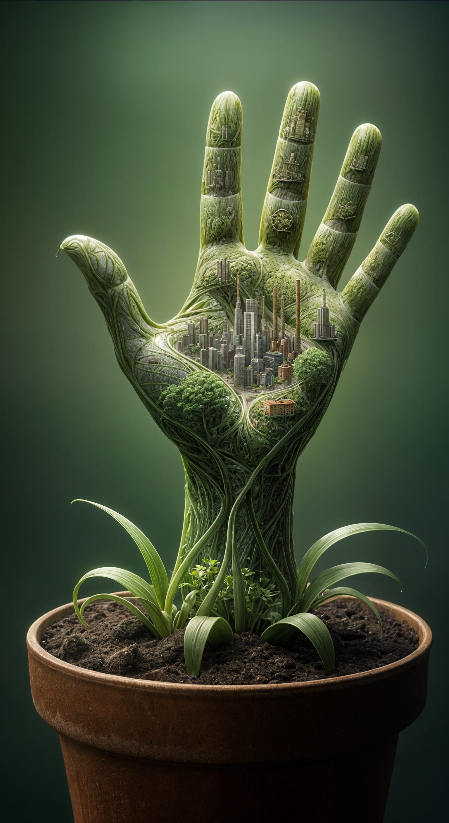 Plant Hand Bio-City: Microscopic Civilization Close-Up
